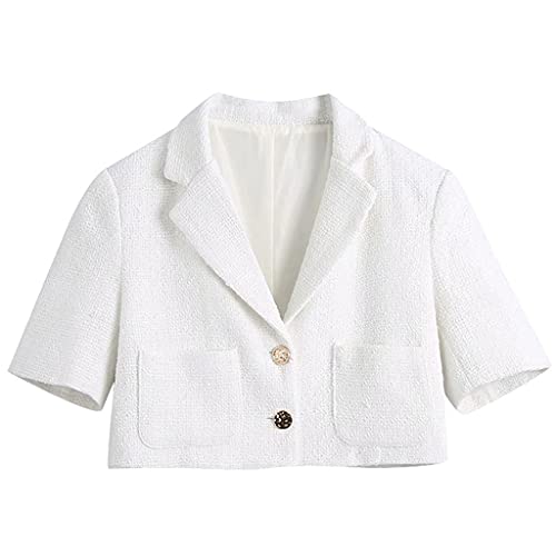 Straw Women Fashion Metal Button Tweed Cropped White Blazer Coat Vintage Short Sleeve Pockets Female Outerwear Chic Tops (Color : White, Size : M Code) #TOP6