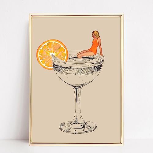 Cocktail Canvas Wall Art Orange Cocktail Poster Lemon Artwork Wine Glasses Picture For Kitchen Orange Abstract Pictures Wine Glass Line Painting Girl Funny Cocktail Canvas Print 16X24Inch No Frame #TOP14