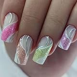 ANDGING Neon Short Press on Nails Square Pink Fake Nails with Glue Acrylic Iridescent Glue on Nails with Designs Classy Checkered Gel Manicure Glitter False Nail for Women Stick ons Nails for Wedding