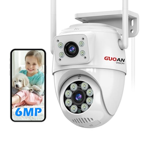 Security Camera Outdoor, 6MP Dual Lens CCTV Camera,IP66 Waterproof PTZ Home Security Outdoor Camera, 2.4G WiFi Wired,Auto Tracking,Motion Detection,Color Night Vision, 2 Ways Talk, SD/Cloud