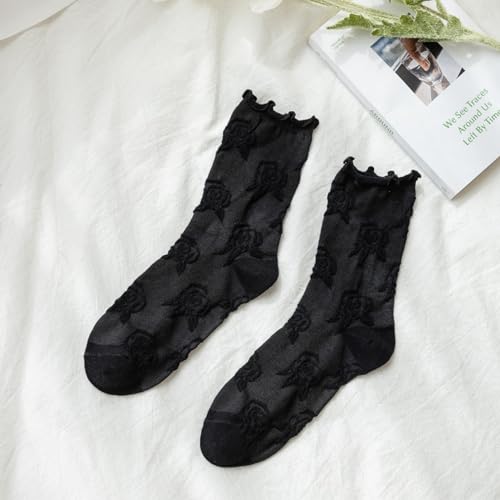 Image of Starella Womens Cute Floral Ruffle Frilly Socks Cotton Goth Preppy Dress Sock for Mary Janes 5 Pairs