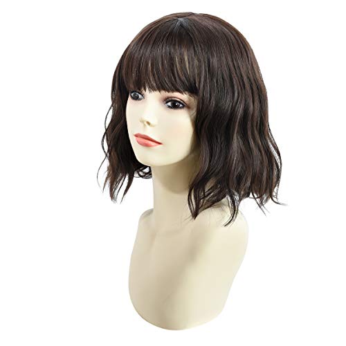 Yamel Wavy Bob Wig with Bangs Natural Brown Wig Synthetic Hair Shoulder Length Short Curly Wigs for Women - Image 3