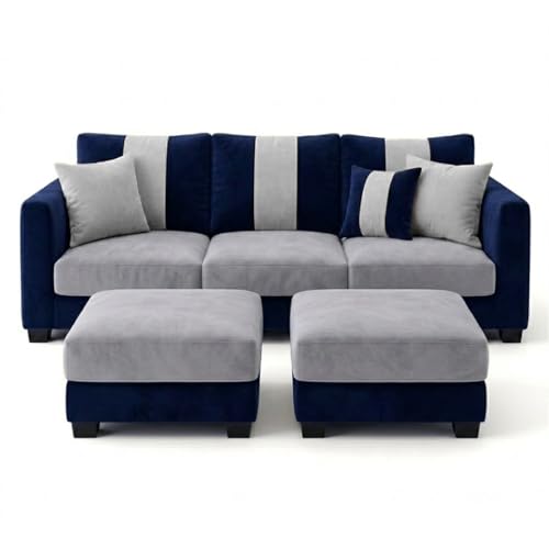 Image of Revo 5 Seater L Shape Sofa Set with 2 Movable Ottomans | Flexible Layout | Luxury Velvet Suede Fabric | Modern Living Room Sofa | Dark Blue-Light Grey