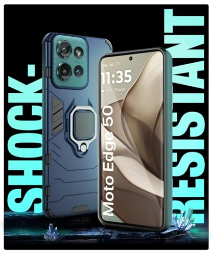 Image of WOW IMAGINE Shock Proof Back Case Mobile Cover for Motorola Moto Edge 50 5G | Back Cover Case (Tough Armor | Hybrid PC + TPU | Ring Holder & in-Built Kickstand | Blue)
