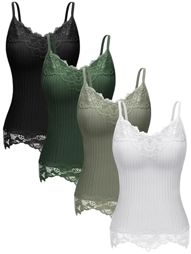 Fourluoo 4 Pcs Women's Long Lace Tank Tops lace Camisole Patchwork Tops for Women (Dark Green,Black,Olive Green,White,XL)