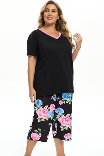 Image of Vozanet Women's Pajamas Set Soft V Neck Sleepwear Top and Capri Pj Lounge Sets Cartoon Heart Shape Cat Nighty Plus Size