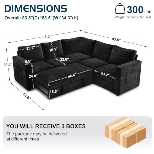 Image of 83.5 inch Chenille Sectional Sleeper Sofa, Pull Out Couch with Storage, Black