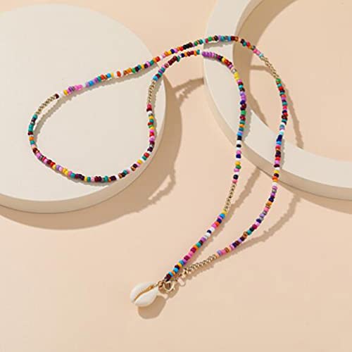 Boho Rainbow Beaded Choker Necklace Beach Seed Beads Necklaces For Women Teen Girls Multi Colorful Shell Pendant Bead Layered Neck Chain Jewelry #TOP2