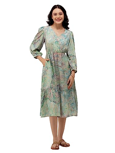 Image of AASK Abstract Printed Puff Sleeve Gathered Detailed Fit Flare Dress