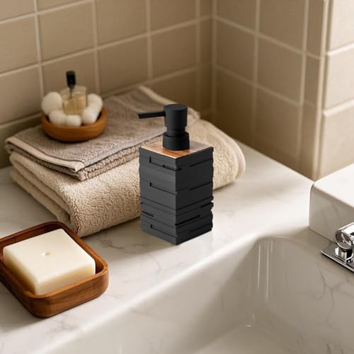 Moderne Seifenspender Schwarz Holz, Spülmittelspender für Küche Arbeitsplatte, Ästhetik Seifenspender Bad für Badezimmer mit Pumpspender (Schwarz)