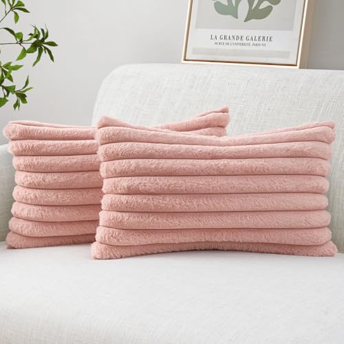 Image of MIULEE Faux Fur Lumbar Throw Pillow Covers 12x20 Set of 2 Blush Pink | Modern Spring Home Decor Cute Soft Plush Couch Pillows Cozy Fluffy Cushion Covers for Sofa Bed Living Room