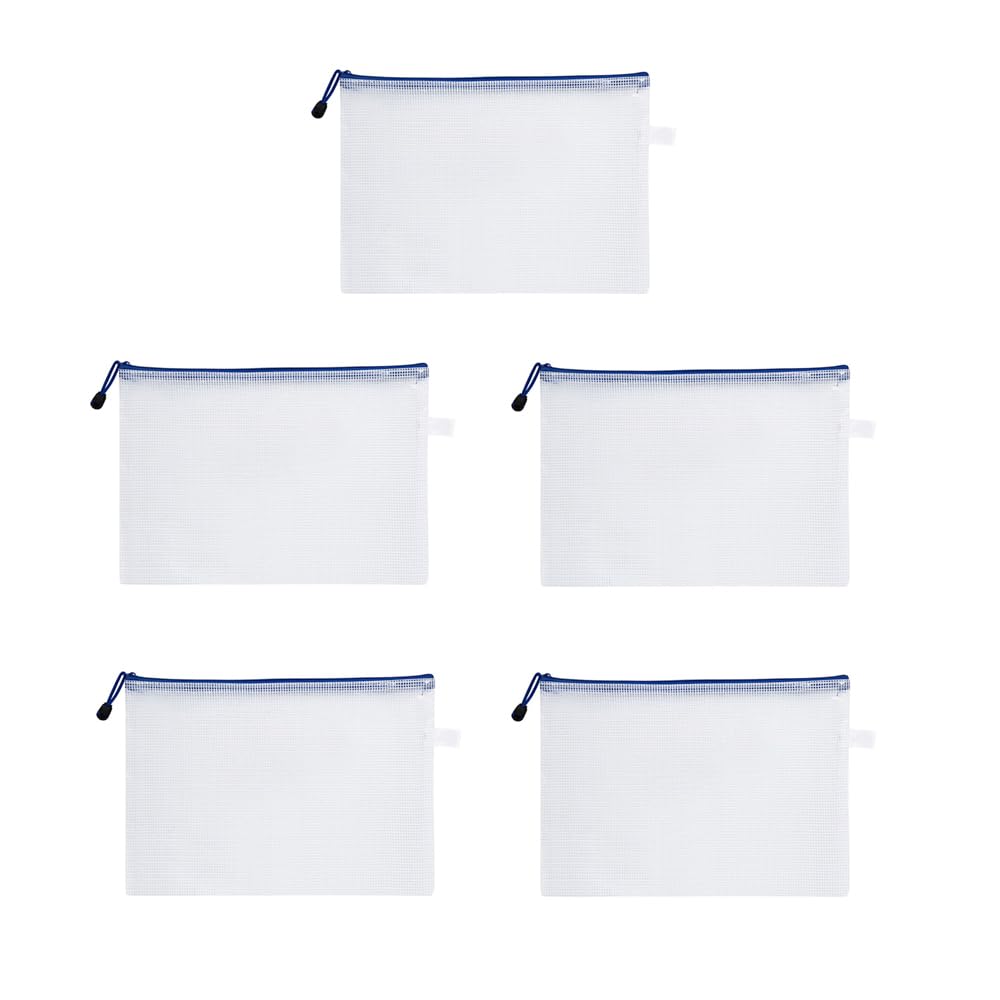 A4 Zip Folders, Plastic Wallets Zip Lock Bags for Offices Home Travel School Supplies, Zip Wallets Plastic Folders File Pockets File Bag for Cosmetics, Cross Stitch, Puzzles, Pack of 5, White