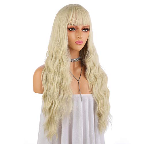 eNilecor Blonde Wigs, Long Kinky Curly Wavy Cosplay Party Hair Wigs with Bangs Natural Looking Pastel Synthetic Wig for Women 27 inches