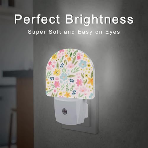 Image of Watercolor Spring Flowers Night Light for Kids,Pink Botanical Leaves Floral Night Light Plug in with Dusk to Dawn Sensor,0.5w Energy Saving Nightlight for Hallway Stairway Kitchen Bedroom