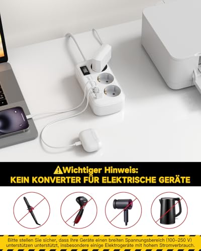 7-in-1 Reiseadapter Japan Steckdosenadapter mit 3-Fach Steckdosen & 4 USB (2 USB-C 3.4A), Schnellladegerät, Typ A Adapter für Japan, USA, Thailand, China, Kanada, Vietnam, 1,5m Kabel