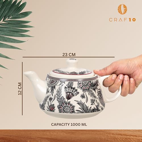 Image of CRAF10 Handcrafted Ceramic Stylo Black Teapot Cup Set - 1 Kettle (1 Litre) & 6 Cups (160 ML), Microwave & Dishwasher Safe | Morning Set | Tea Sets with Kettle for Gifting