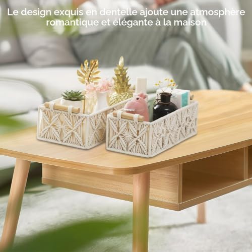 Paniers de rangement en macramé tissés main en coton blanc durable - 7