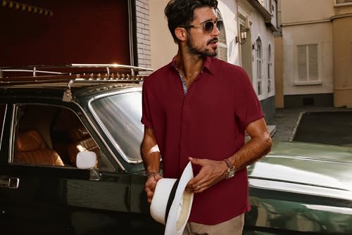 PJ PAUL JONES Men's Button Down Short Sleeve Shirt Casual Summer Beach Textured Wedding Shirts Wine — view 3