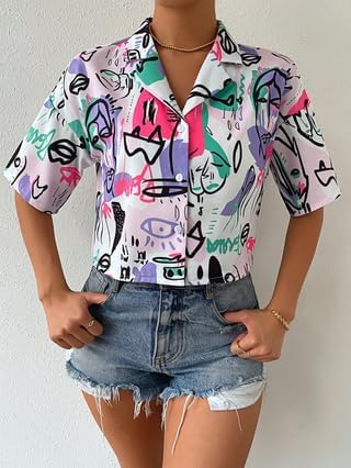 Women's Color Block Plaid Blouse Button Front Half Sleeve Collar Crop Tops Black