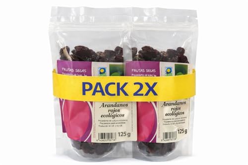 Pack 2x Arándanos Rojos Bio 125 g | 2 Bolsas de 125 g (Total 250 g) | Arándanos Rojos Ecológicos Deshidratados | Snack Natural y Versátil