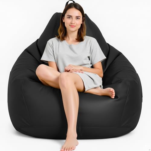 Image of 5XL Premium Leatherette Bean Bag with Rectangular Footrest & Cushion | High Density EPS Beans Filled | Teardrop Shape with Handle | 6 Months Warranty (Black, 5XL Single, Solid)