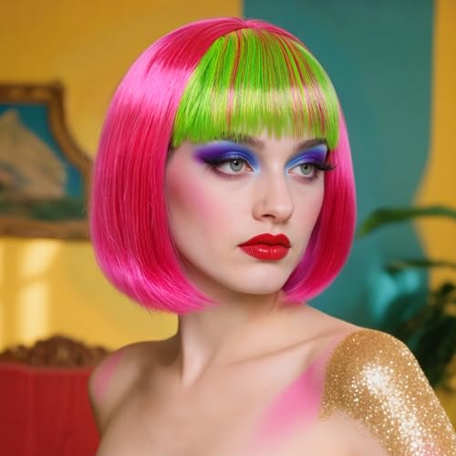 Image of ANOGOL Hair Cap + (Sunglasses) Rainbow Wig Yellow Green Pink Bob Wig with Bangs Womens Party Wigs with Star-Shaped Glasses Short Neon Wig Daily Party Fun Wigs Women Halloween Costume Bachelorette Hair
