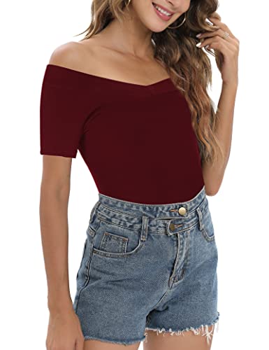 Image of Sarin Mathews Womens Shirts Off The Shoulder Tops Sexy V Neck Slim Fit Shirts Tops Blouses