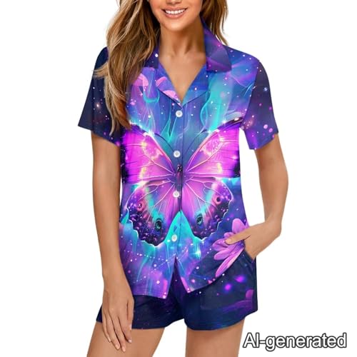 Image of Renewold Women's Short Sleeve Pajama Set Button Down Sleepwear with Notch Collar Soft Lounge Top and Shorts with Pockets