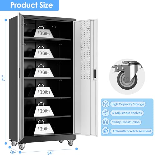 Image of Aobabo Upgrade 71H''*34''W*18''D Metal Garage Storage Cabinet with Wheels and Pegboards, 5 Adjustable Shelves Steel Storage Cabinets for Home,Warehouse,Garage,Assembly Required,Black and Sliver