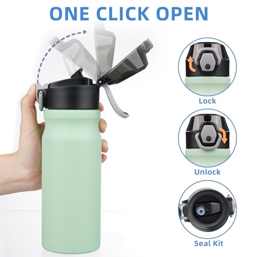 Image of BJPKPK 18 oz Water Bottle with Straw & Handle, Insulated Stainless Flask | Leak Proof Locking Lid, Thermal, Double Wall Vacuum, Keeps Hot /Cold, BPA Free, Dishwasher Safe, Travel & Sports, Sage