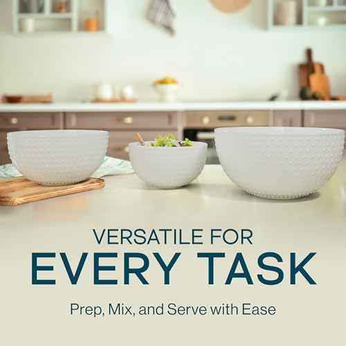 Gibson Elite 3-Piece Stoneware Mixing Bowl Set, 6.8", 8", 9.8" - Modern Stoneware Dishware, Dishwasher Safe & Microwave Safe - Space-Saving & Stackable Bowl Set for Cooking, Baking, Serving (White) - Thumbnail 4