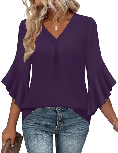 LUYAA Women's Blouses Flowy Tops for Women V Neck Ruffle Half Sleeve Tops Women's Business Casual Work Blouse Peasant Top Purple XXL