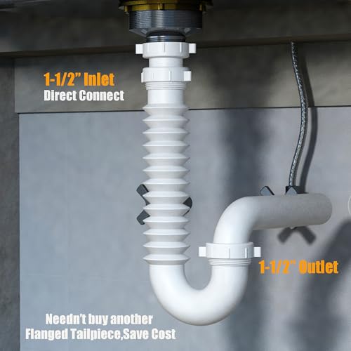 Flexible P Trap for Bathroom Sink, Flex Drain Pipe for Bathroom Sink Drain Kit and Kitchen Sink Drain Kit, 1-1/2" or 1-1/4" Expandable Sink Trap, Slip Joint or Direct Connection 1/2 Inch P Trap Kit by Variimage - Used condition - Image 3