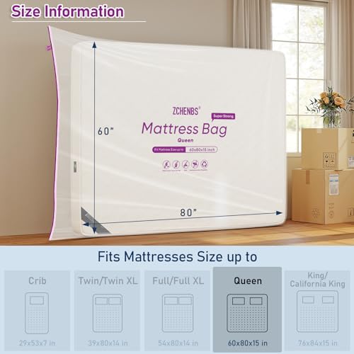 Image of ZCHENBS - Queen Mattress Bags for Moving, Waterproof Mattress Storage Bag with Zipper, Heavy-Duty 5 Mil Ultra-Thick Bed Protector Cover for Moving, Reusable (Transparent /Purple, 2 Pack)
