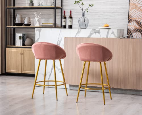 Cimoo Velvet Bar Stools Set Of 2, 26 Inch Kitchen Counter Stools With Back Footrest Modern Bar Chairs For Kitchen Island/Home Bar/Dining Room,Pink,2Pcs #TOP4