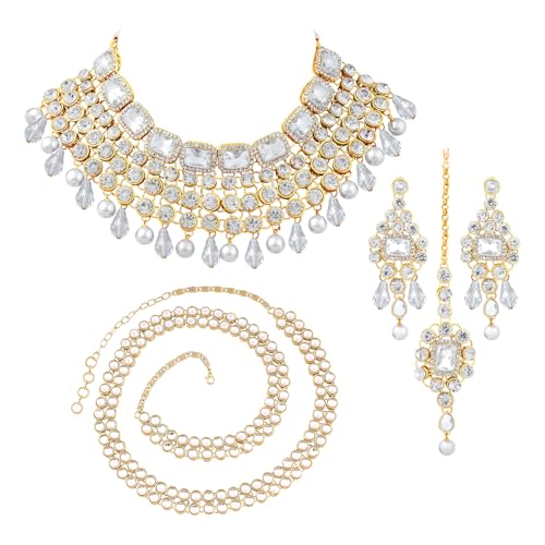Image of Peora Crystal Choker Necklace with Maang Tikka Earrings Indian Traditional Bridal Wedding Jewellery Set for Women
