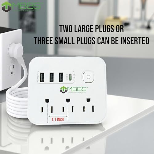 Protector eléctrico con extensión de 10 pies, 1200J de protección, 3 tomas AC, 4 puertos USB, interruptor LED – Compacto y para viajes – Compatible con hogar y oficina miniatura 5