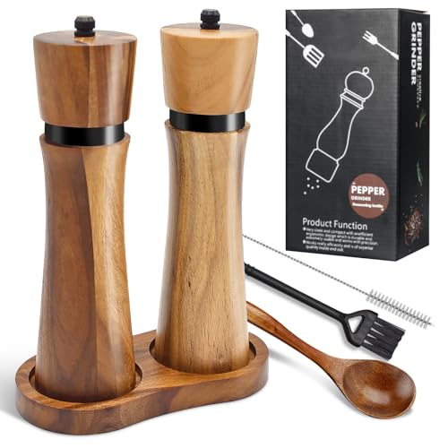 Yiomxhi Salz und Pfeffermühle Set, Holz Gewürzmühle mit Untersetzer, Löffel, 2 Reinigungsbürsten, Manuelle Pfeffer Salzmühle mit Einstellbare Keramikmahlwerk Mühlenset für Gewürze Yiomxhi Salz und Pfeffermühle Set, Holz Gewürzmühle mit Untersetzer, Löffel, 2 Reinigungsbürsten, Manuelle Pfeffer Salzmühle mit Einstellbare Keramikmahlwerk Mühlenset für Gewürze