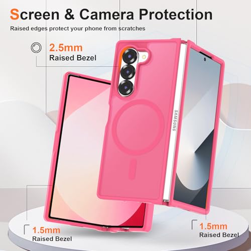 Image of ORETECH Magnetic Case Compatible with Samsung Galaxy Z Fold 6 Case, Translucent Back Non-Slip Hard PC Shockproof Bumper Protective Phone Case Cover for Samsung Z Fold 6 - Hot Pink | Translucent Back Non-Slip Hard PC Shockproof Bumper Protective Phone Cover