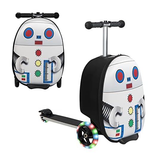 Costzon Kids Folding Ride On Suitcase Scooter, 2-IN-1 Lightweight Skateboard Luggage w/Lighted Wheels, Brake System, Carry on Suitcase for Travel, School, Outdoor (Blue Monster)