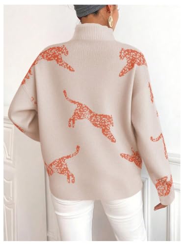 Image of WDIRARA Women's Leopard Tiger Print Sweater High Neck Long Sleeve Fuzzy Knitted Pullover Top