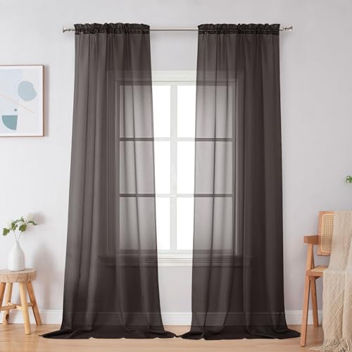 Image of Simplebrand Chocolate Sheer Curtains 96 Inches Long, Light Filtering Rod Pocket Solid Color Window Sheer Curtain Panels, Elegant Curtains & Drapes for Living Room, Bedroom 2 Panels, 42 inch W x 96 inch L
