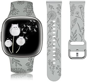 Minyee Floral Engraved Band Compatible with Fitbit Versa 4/Versa 3/Sense 2/Sense Band Women, Cute Soft Silicone Dandelion Flower Pattern Sport Designer Fancy Summer Strap for Versa 4