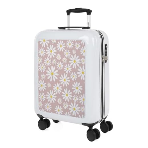 SKPAT - Maletas de Viaje Cabina 55x40x20 - Maletas Viaje Cabina 4 Ruedas. Maleta Cabina Resistente - Maleta de Cabina Ligera. Maletas Cabina con Candado TSA 133655, Blanco-Margaritas Rosa