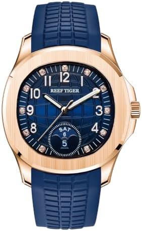 REEF TIGER Luxury Diamonds Square Ball Dial Automatic Watch for Men Calendar Luminous Silicone Strap Sport Watches RGA1805