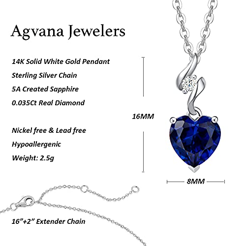Agvana Necklaces For Women 14K Solid White Gold Diamond Sapphire Heart Pendant Necklace With Sterling Silver Chain September Birthstone Jewelry For Women Anniversary Birthday Gifts For Women Mom Wife #TOP5