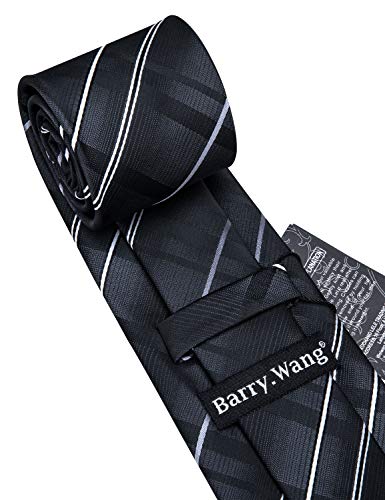 Image of Barry.Wang Tie Sets for Men Silk Stripe Necktie Woven Checkered Handkerchief Cufflinks Formal Business Wedding