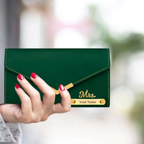 Image of Personalized Leather Clutch for Women | Custom Name & Charm | 3-Fold Ladies Wallet | Stylish Purse Gift for Girlfriend, Wife, Mother & Sister | Multi-Compartment Wallet (Dark Green)