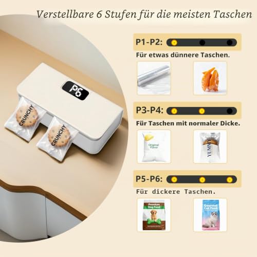 Syaws Mini-Beutel-Versiegeler, wiederaufladbare Versiegelungsmaschine mit LED-Power-Anzeige, Heißsiegelgerät und Schneider mit 6 verstellbaren Gängen, tragbarer Beutelwiederverschließer für Chips