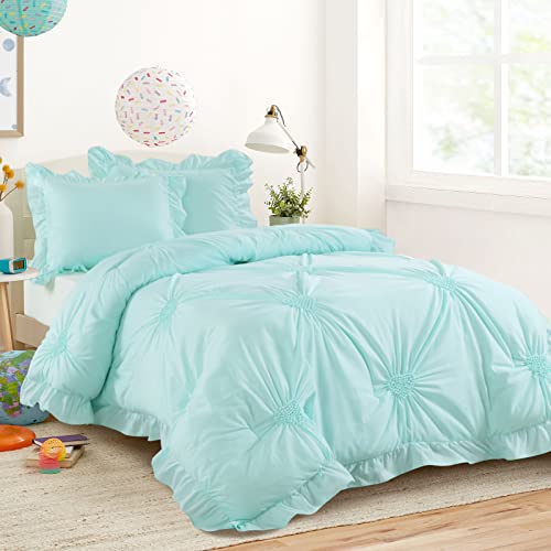 Hombys Bedding Comforter Set For Girls, 3 Piece Blush Pinch Pleat Comforter Set With Ruffles For All Season，Aqua Green, Full/Queen Size #TOP19